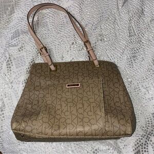 Calvin Klein large satchel purse brown and pink adjustable strap